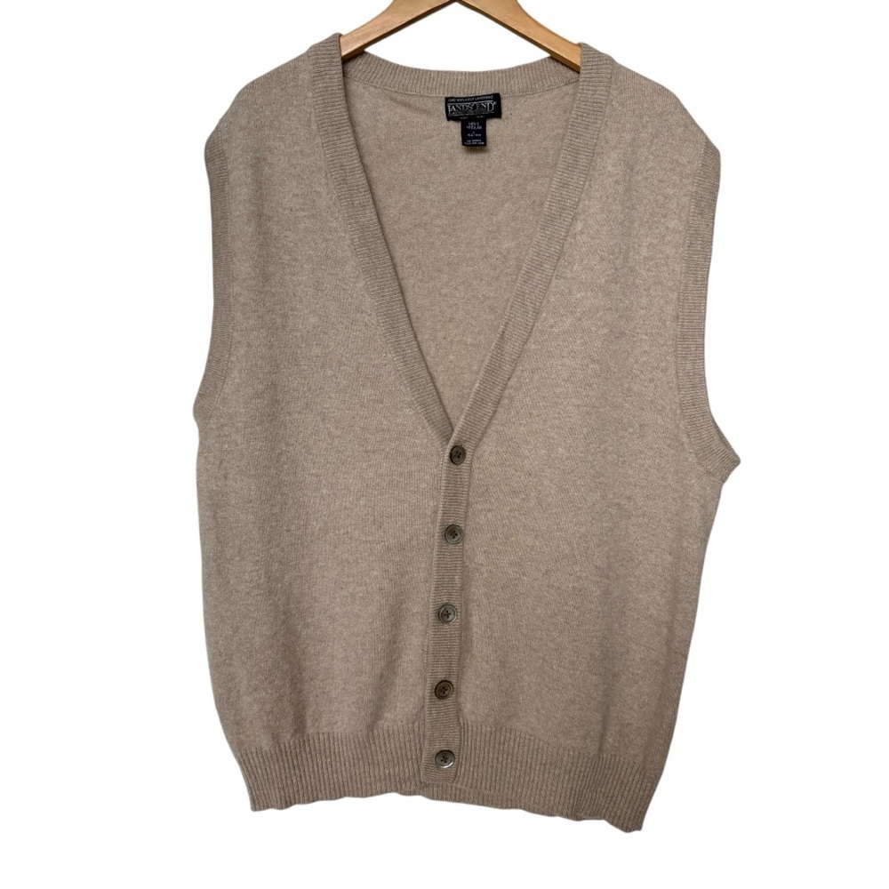 Lands' End Men's Beige 100% 2-Ply Cashmere V-Neck Sweater Vest Size L Cozy Warm